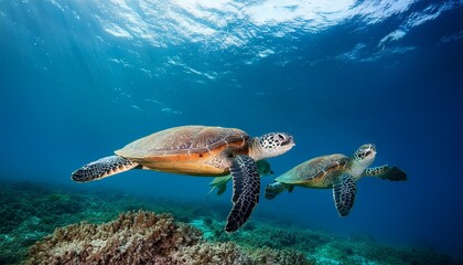 Obraz premium Charming sea turtle duo gliding through crystal-clear water