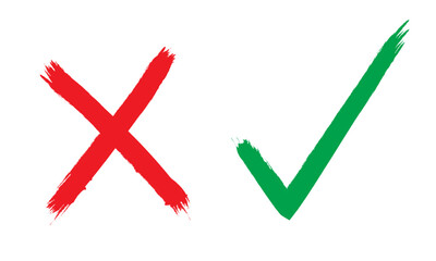 Sign red cross and tick, Checking mark hand drawing symbols, on white background. Vector.