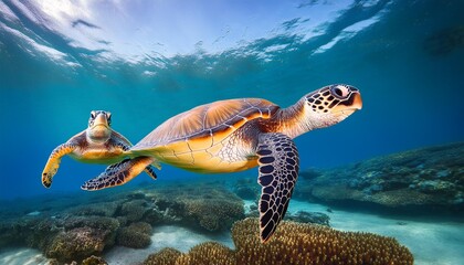 Obraz premium Charming sea turtle duo gliding through crystal-clear water