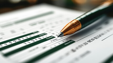 Closeup of analyzed graphs and charts with pen in office