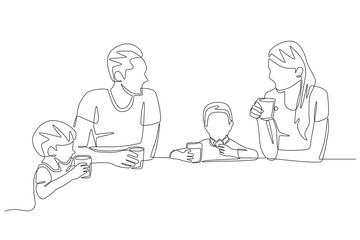 Family eating together. Eating together with their family at the kitchen table concept one-line drawing