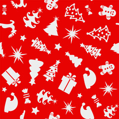 Winter seamless pattern with christmas decorations and christmas trees. Vector Illustration
