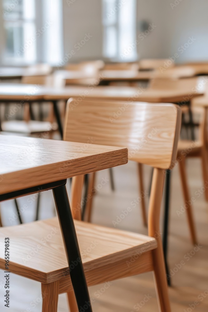 Poster blurry view of an empty school classroom, chairs, and tables in focus, symbolizing the return to sch