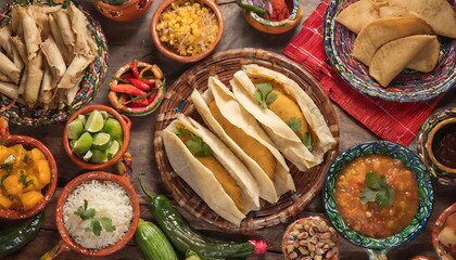 Close-up of traditional Hispanic dishes in a top-down shot featuring tamales, empanadas, tacos, and churros arranged for Hispanic Heritage Month. Warm reds, golds, and browns. Detailed textures, garni