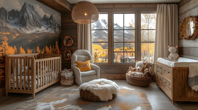 A nursery with a mountain adventure theme, featuring rugged mountain mural in earthy tones, wooden furniture with cozy wool and fur textures, animal-themed decor, large windows letting in sunlight,