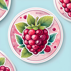 Watercolor raspberry fruits, sticker design, cartoon illustration, forest fruits design. Generated AI