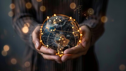 Fototapeta premium Person holding an Earth globe with glowing connections, symbolizing global network social media global connectivity connections and the relationships of technology in business.
