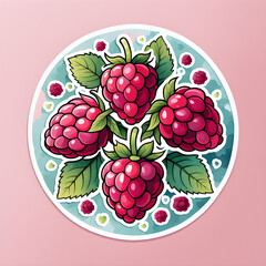 Watercolor raspberry fruits, sticker design, cartoon illustration, forest fruits design. Generated AI