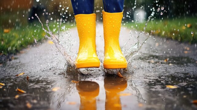 Yellow rain boots splashing in a puddle, representing fun, joy, and childhood memories