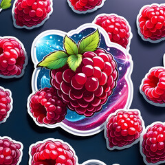 Watercolor raspberry fruits, sticker design, cartoon illustration, forest fruits design. Generated AI
