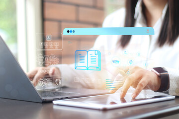 E-learning program certificate and online education learning workshop training.Male and female students icons virtual screen and Video lesson online classes on the internet.