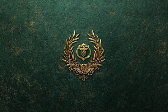 A deep emerald green background with a single, elegant gold emblem in the center, adding a touch of royalty. 
