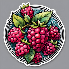 Watercolor raspberry fruits, sticker design, cartoon illustration, forest fruits design. Generated AI