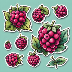 Watercolor raspberry fruits, sticker design, cartoon illustration, forest fruits design. Generated AI