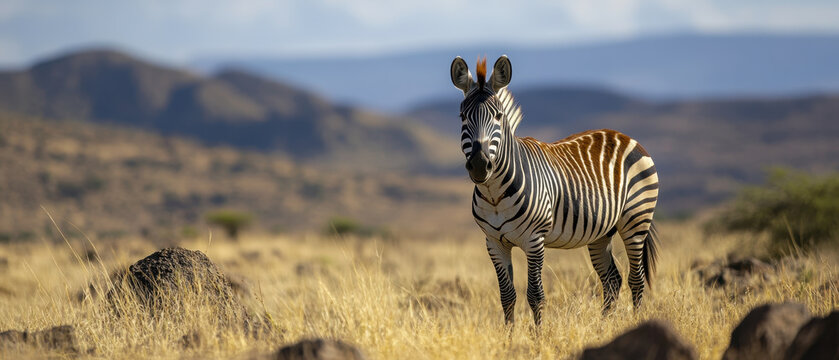A majestic zebra stands gracefully in golden grasslands of Kenya, surrounded by rocky terrain and distant hills. This scene captures beauty of wildlife in its natural habitat