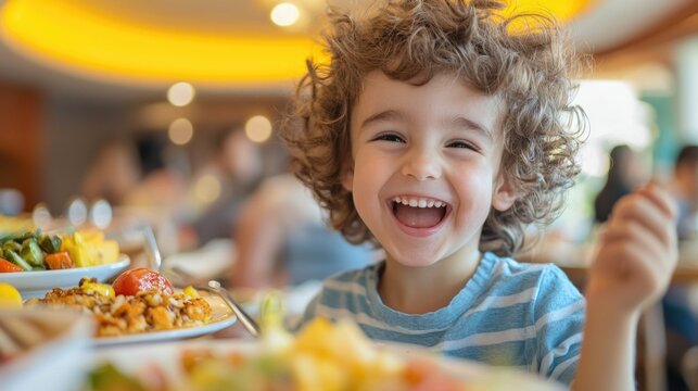 Naklejki Joyful young child enjoying a healthy meal in a brightly lit restaurant in hotel
