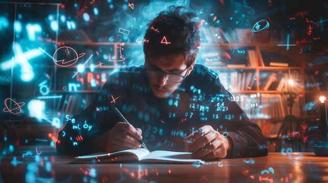 A man, immersed in mathematical equations, performs complex calculations in his mind while jotting down notes. The image visually represents the power of the human mind