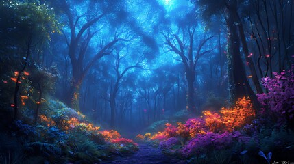 Enchanted Forest Path: A Mystical Journey Through Glowing Trees and Flowers