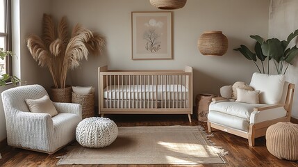 A serene neutral nursery featuring muted tones of ivory and taupe, cozy textures like wool and linen, minimalist wooden furniture, soft natural light filling the space,