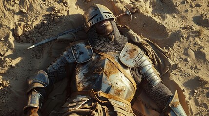 A weary medieval knight, succumbing to the harsh desert environment, finds his final resting place amidst the unforgiving sands
