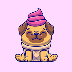 Obraz premium Cute Pug Dog Ice Cream Cone Cartoon Vector Icon Illustration. Animal Food Icon Concept Isolated Premium Vector. Flat Cartoon Style