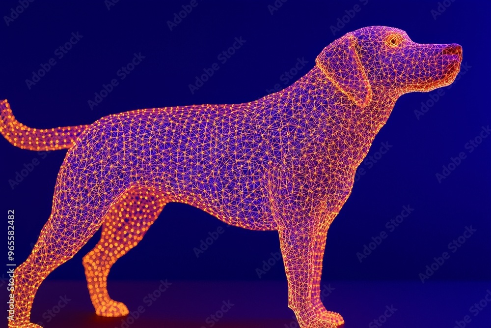 Poster detailed neural network of a dog brain showing big data and a circuit board in the head of a blue do