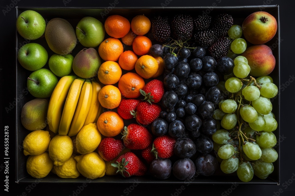 Poster view of a flat overhead view of lots of colourful fruits. generative stock