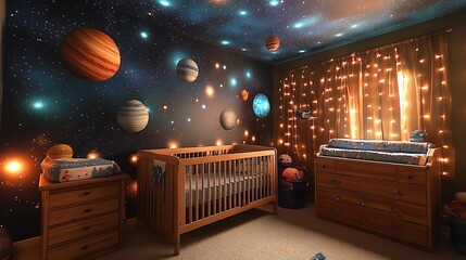 A space adventure nursery, featuring a starry night sky mural, planets and rocket ship decals, glow-in-the-dark stars on the ceiling, wooden crib with galaxy-themed bedding, soft ambient light,