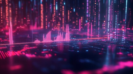 Fototapeta premium Detailed 3D illustration of abstract data analysis, charts and graphs in a digital space with neon accents, cool lighting with high contrast, sleek and futuristic atmosphere