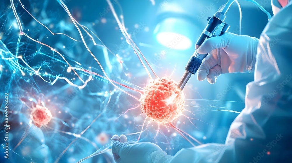Poster scientist examining cell with a microscope