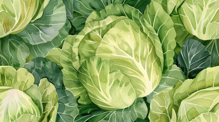 Obraz premium Watercolor pattern cabbage, and leaves for vibrant and summery design