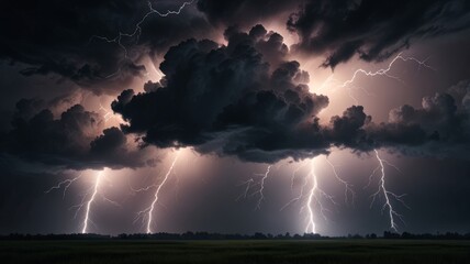 A dramatic scene of lightning illuminating a dark sky filled with ominous clouds, showcasing nature's power and beauty.