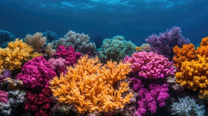 Glowing underwater coral reef scene, full of vibrant colors, marine glowtime, stunning and immersive