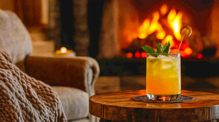 Mai Tai cocktail on a wooden table by the fireplace in a cozy living room