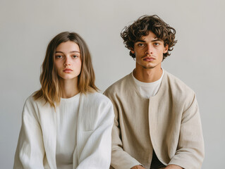 Inclusive gender neutral fashion shoot featuring young woman and man in neutral toned outfits. serene expressions and minimalist style highlight modern aesthetics