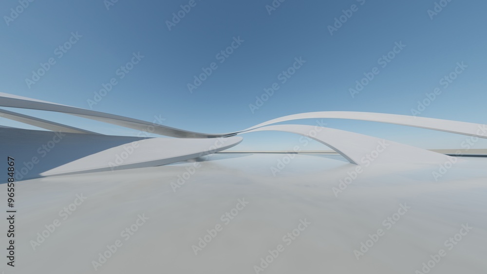 Poster 3d render of abstract curve structure futuristic architecture with empty concrete floor