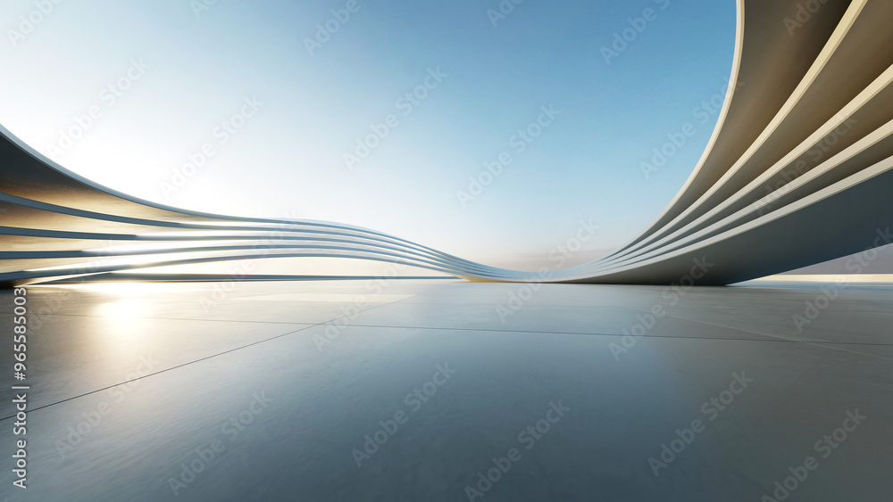 Fototapete 3d render of abstract curve structure futuristic architecture with empty concrete floor