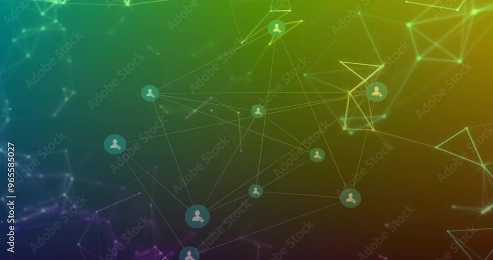 Poster animation of network of connections with icons on green background