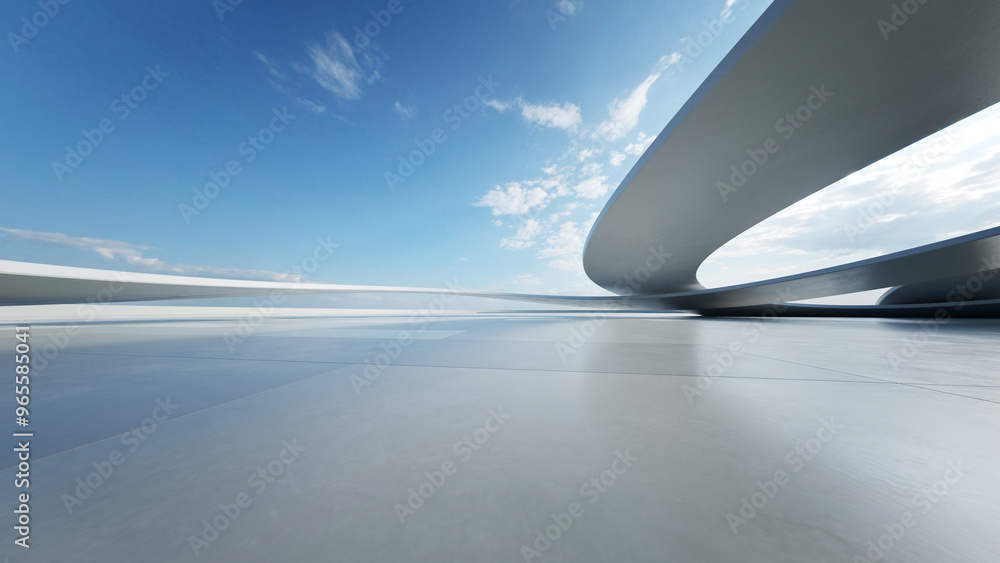 Fototapete 3d render of abstract curve structure futuristic architecture with empty concrete floor
