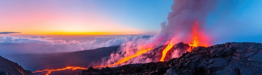 Fototapeta premium Glowing lava flowing from a volcano at dusk, capturing nature s raw power, volcanic glowtime, intense and dramatic