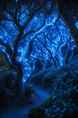 Blue Lights Twinkle Through Twisted Branches in a Forest Path at Night