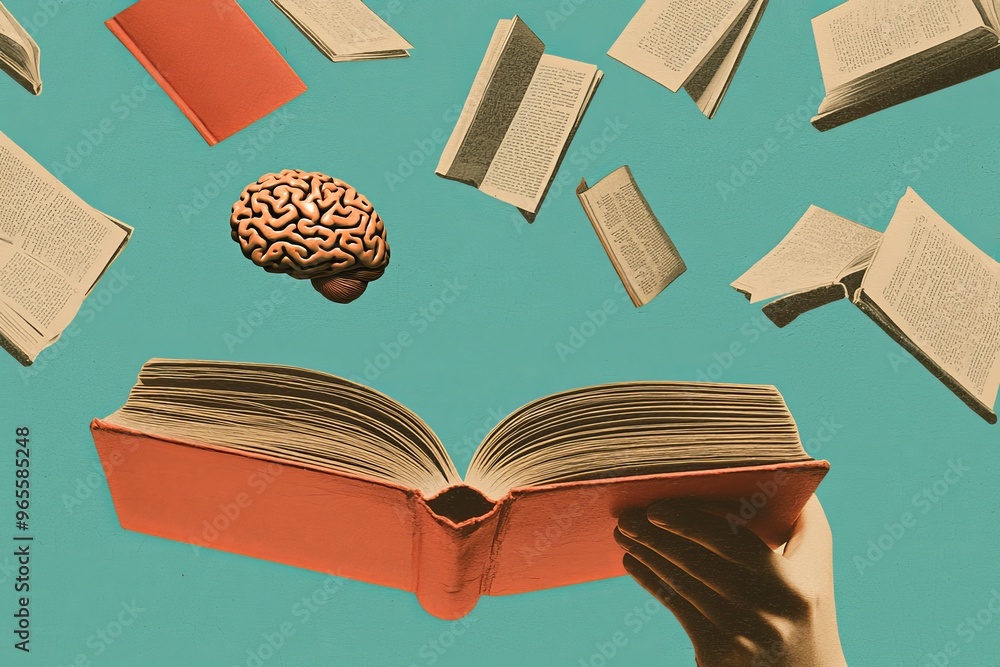 Poster the image shows hands holding a book on which a brain with ideas and knowledge appears