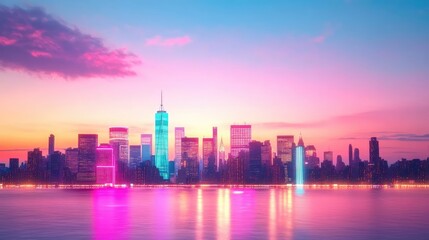 Fototapeta premium Glowing outline of a city skyline at dusk, capturing the transition from day to night, city glowtime, urban and dynamic