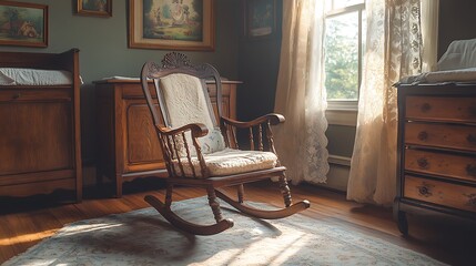 A vintage storybook-themed nursery, wooden furniture with intricate detailing, classic fairytale illustrations, soft pastel colors, lace curtains, antique rocking chair, cozy and warm lighting,