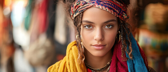 Fototapeta premium A young woman with bohemian style showcases eclectic outfits, featuring vibrant scarves and layered accessories. Her confident expression reflects essence of boho chic fashion
