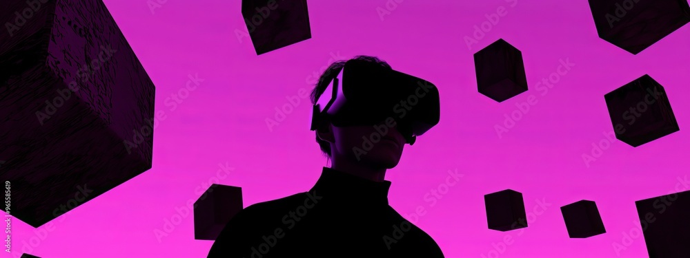 Poster concept collage with ai metaverse design showing a man floating along abstract shapes, wearing a vr 