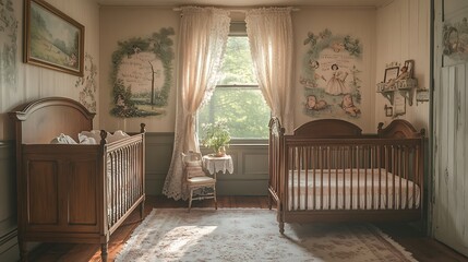 A vintage-inspired nursery with antique furniture, classic storybook illustrations decorating the walls, soft pastel tones of cream and blush, lace curtains, wooden crib with delicate bedding,