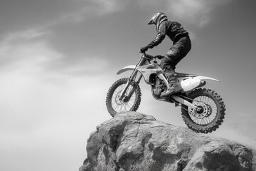 Naklejka premium freedom, monochrome image of man racer with helmet on motorcycle stands on cliff