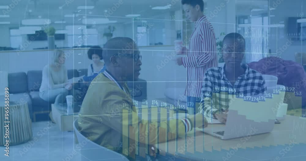 Poster animation of financial data processing over diverse colleagues discussing work in office