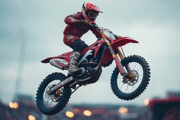 motorcycle racer with helmet on motorcycle jumping in the air